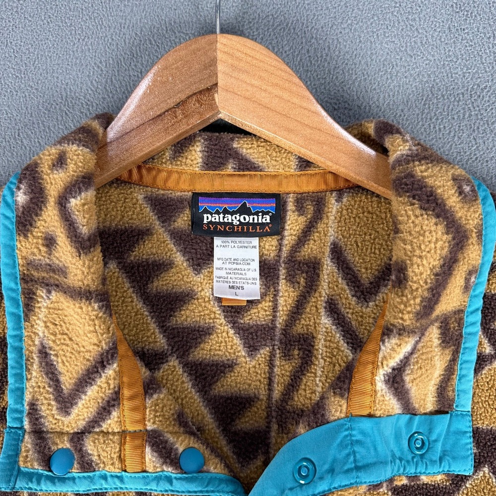 Patagonia Jacket Mens Large Synchilla Snap T Brown Montana Siete Tribal Aztec - Picture 7 of 8